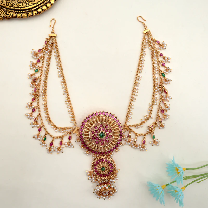 Antique Kemp Layer Flower Chakra Bridal Choti With 3 Layer Mattals